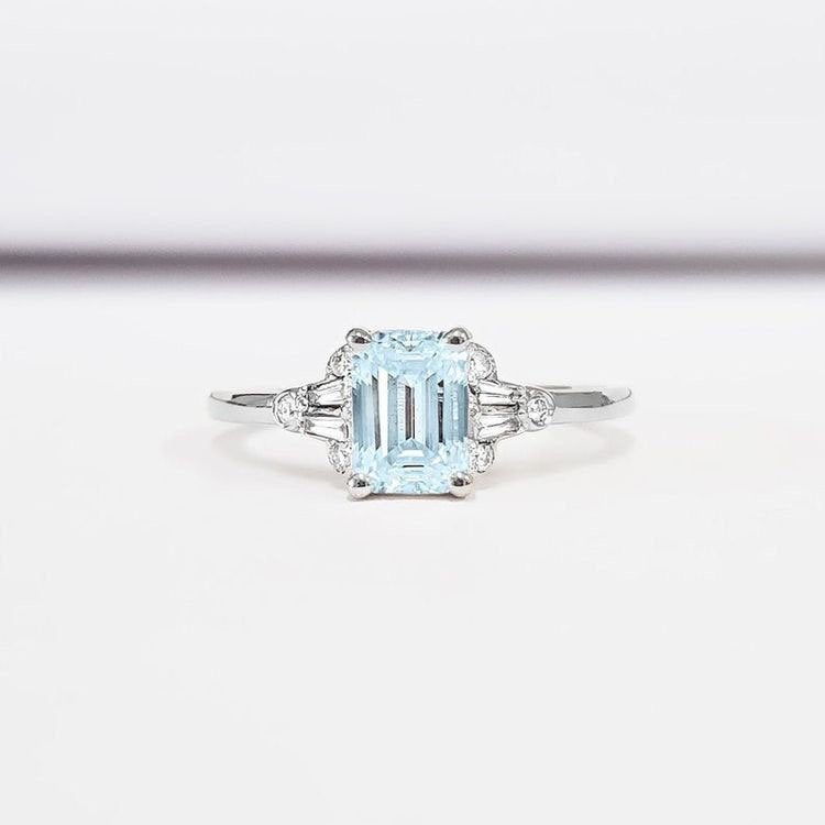 Aquamarine and diamond emerald cut engagement ring in white/rose/yellow gold for her handmade ring