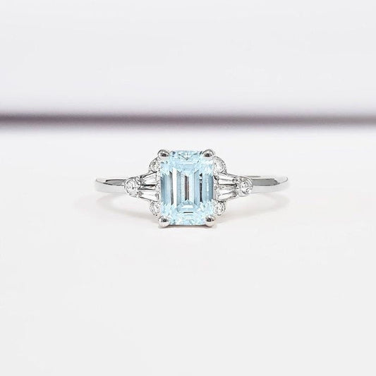 Aquamarine and diamond emerald cut engagement ring in white/rose/yellow gold for her handmade ring