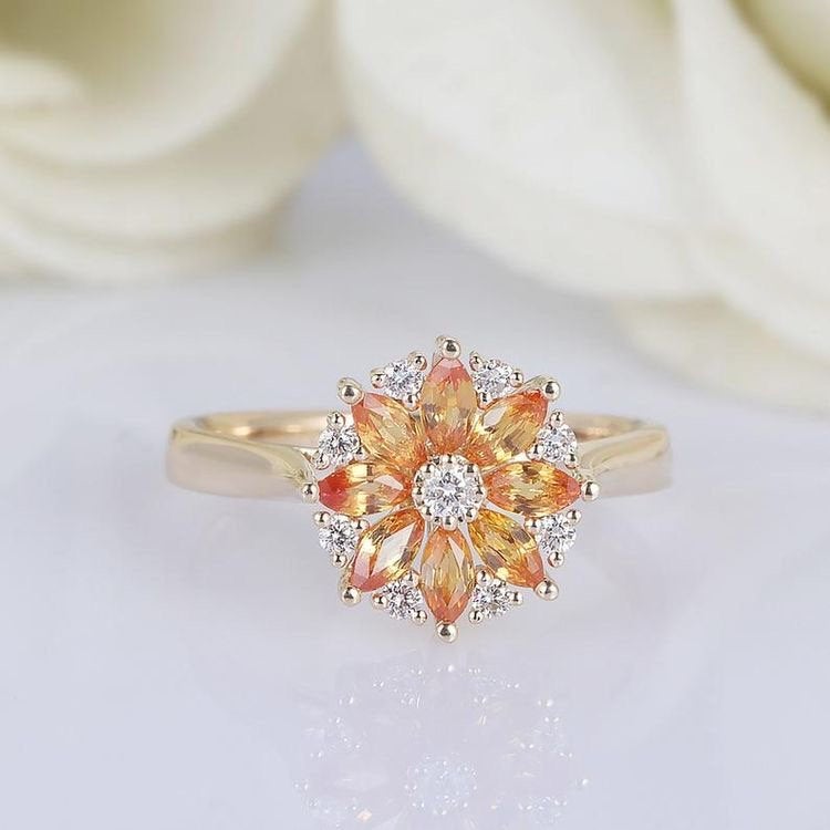 Natural Orange Sapphire Ring,14K Solid Gold Female Ring,Diaomonds Accents Engagement Ring,Anniversary Ring,Flower Design