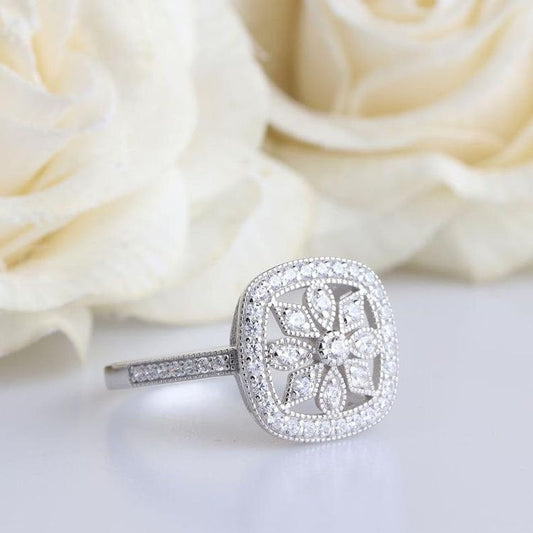 Round Cut Moissanite Accents Ring,14K White Gold Female Ring,Milgrain Wedding Ring, Fancy Flower Engagement Ring