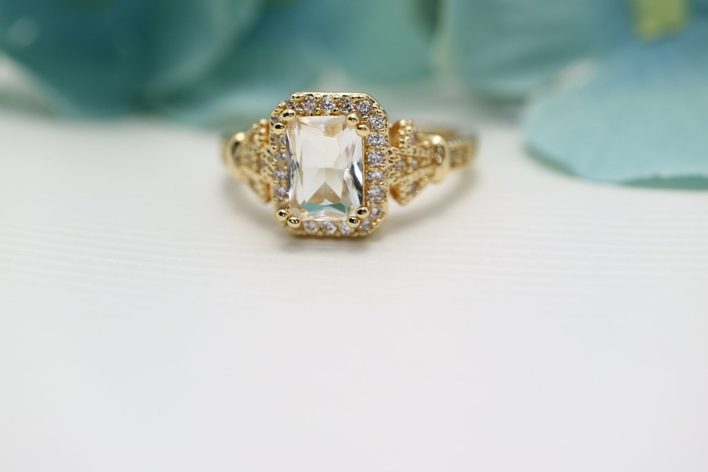 Art deco inspired emerald cut White sapphire ring, diamond engagement ring, yellow gold wedding ring vintage, anniversary ring