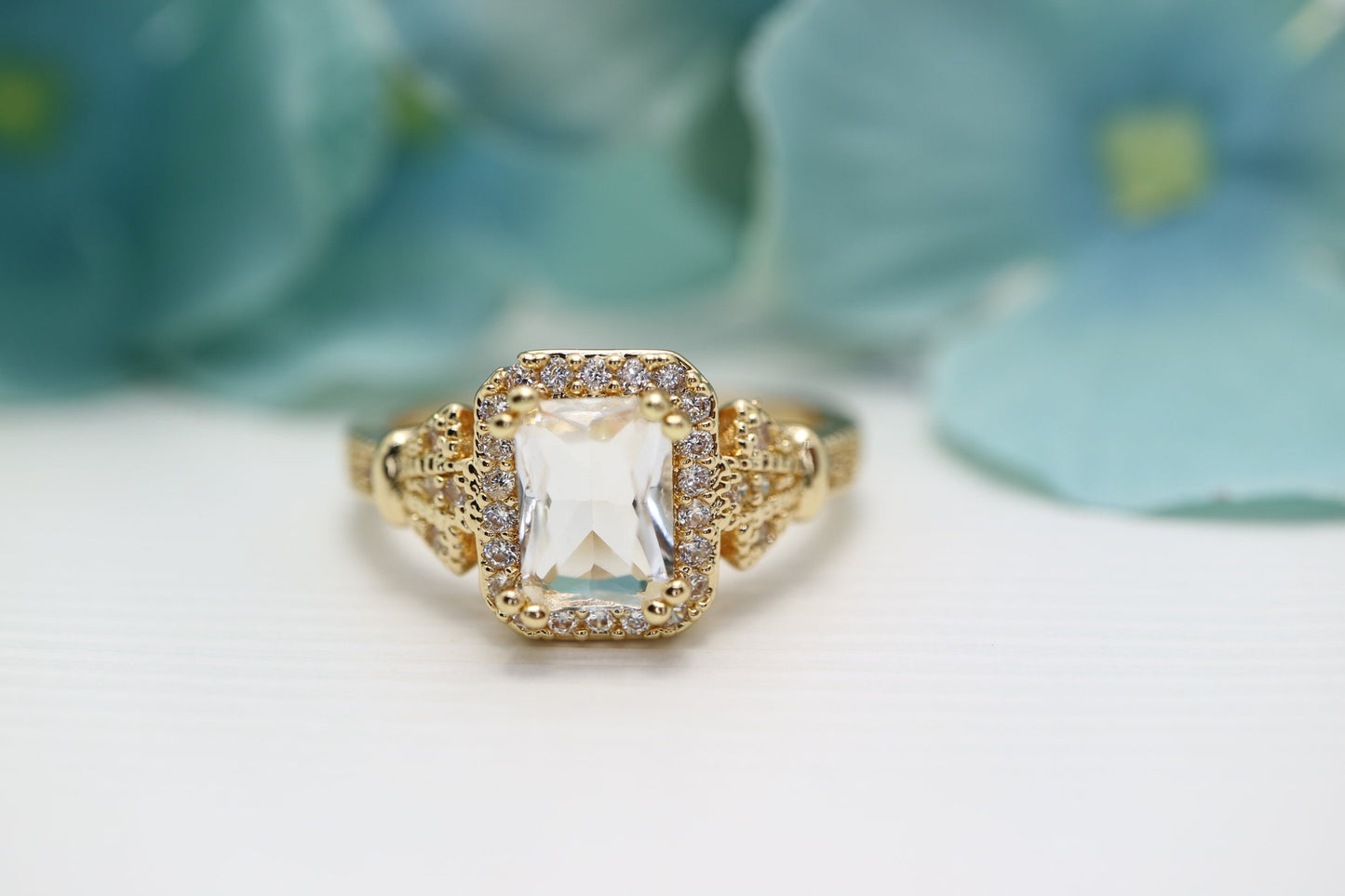 Art deco inspired emerald cut White sapphire ring, diamond engagement ring, yellow gold wedding ring vintage, anniversary ring