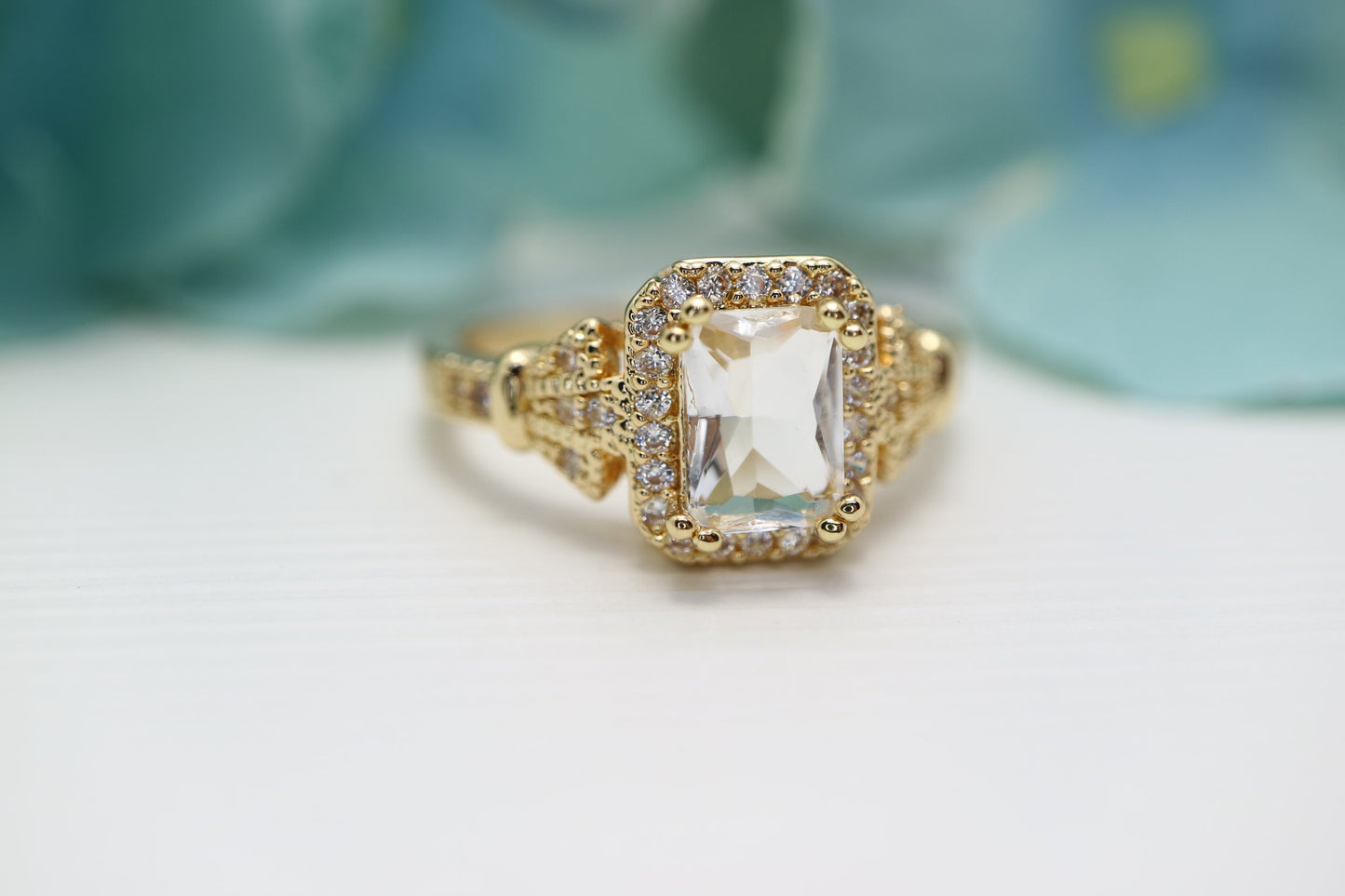 Art deco inspired emerald cut White sapphire ring, diamond engagement ring, yellow gold wedding ring vintage, anniversary ring