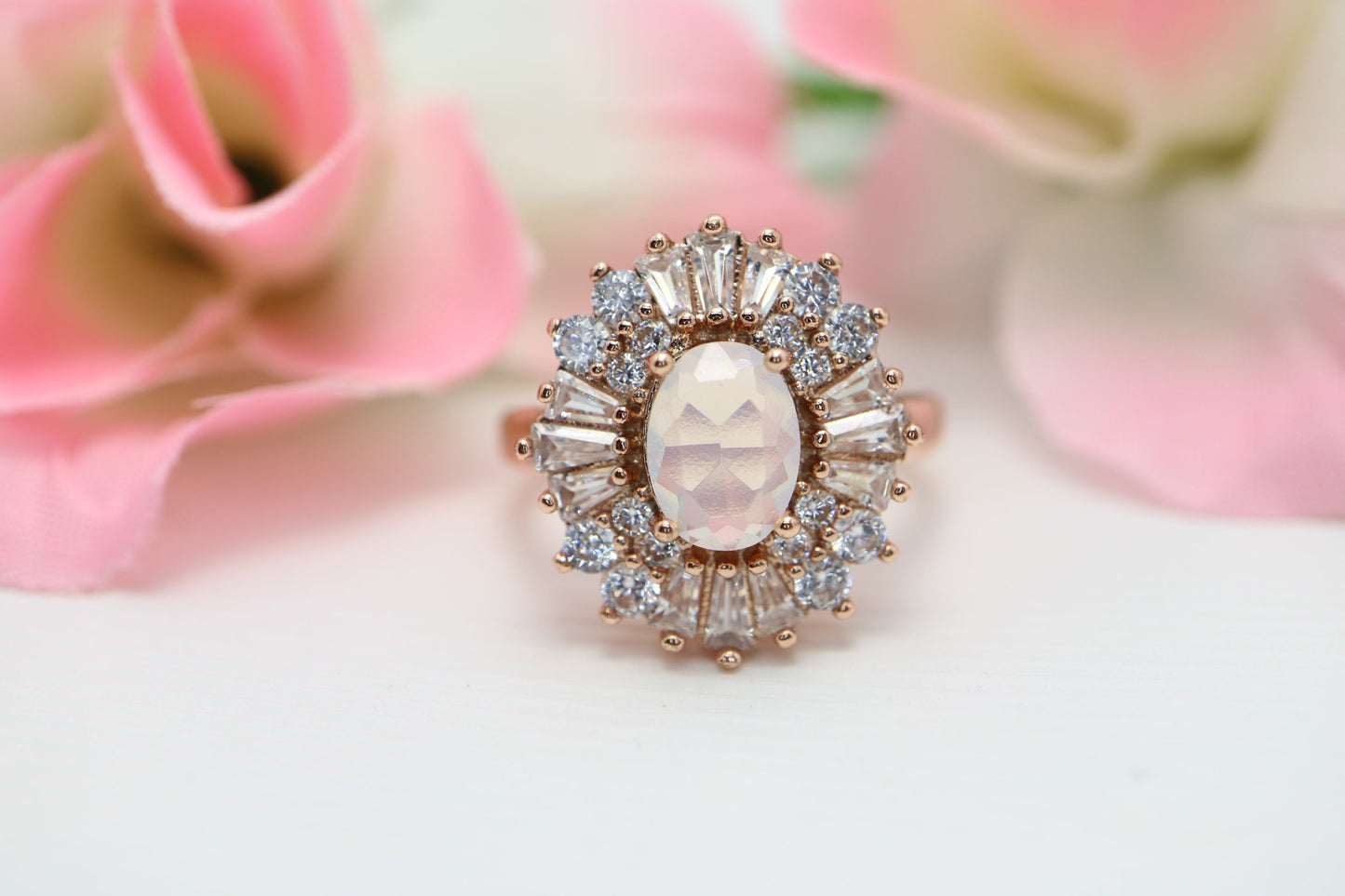 Oval Vintage Baguette Moonstone  Gold and Rose Gold Ring, Anniversary ring