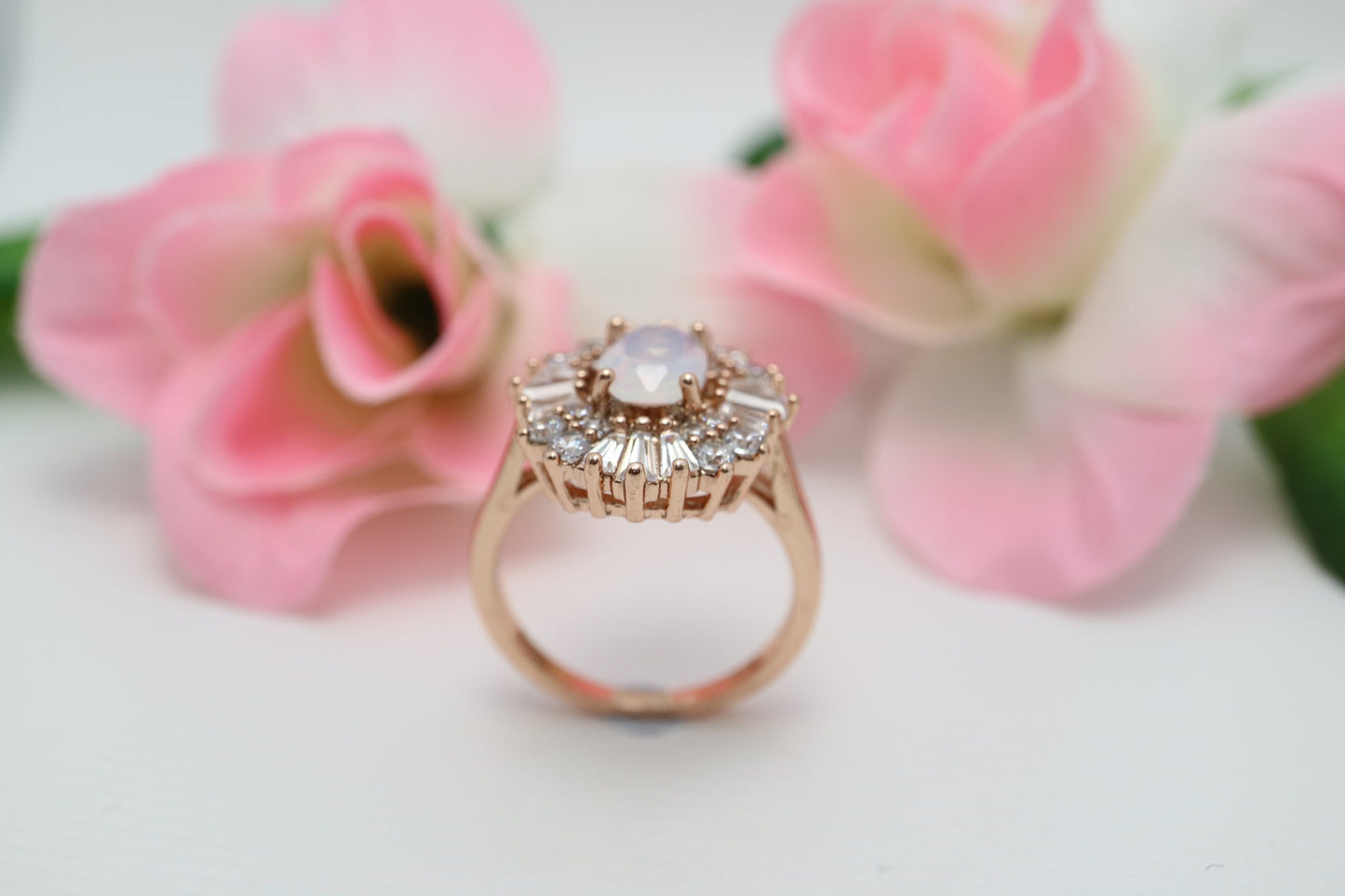 Oval Vintage Baguette Moonstone  Gold and Rose Gold Ring, Anniversary ring