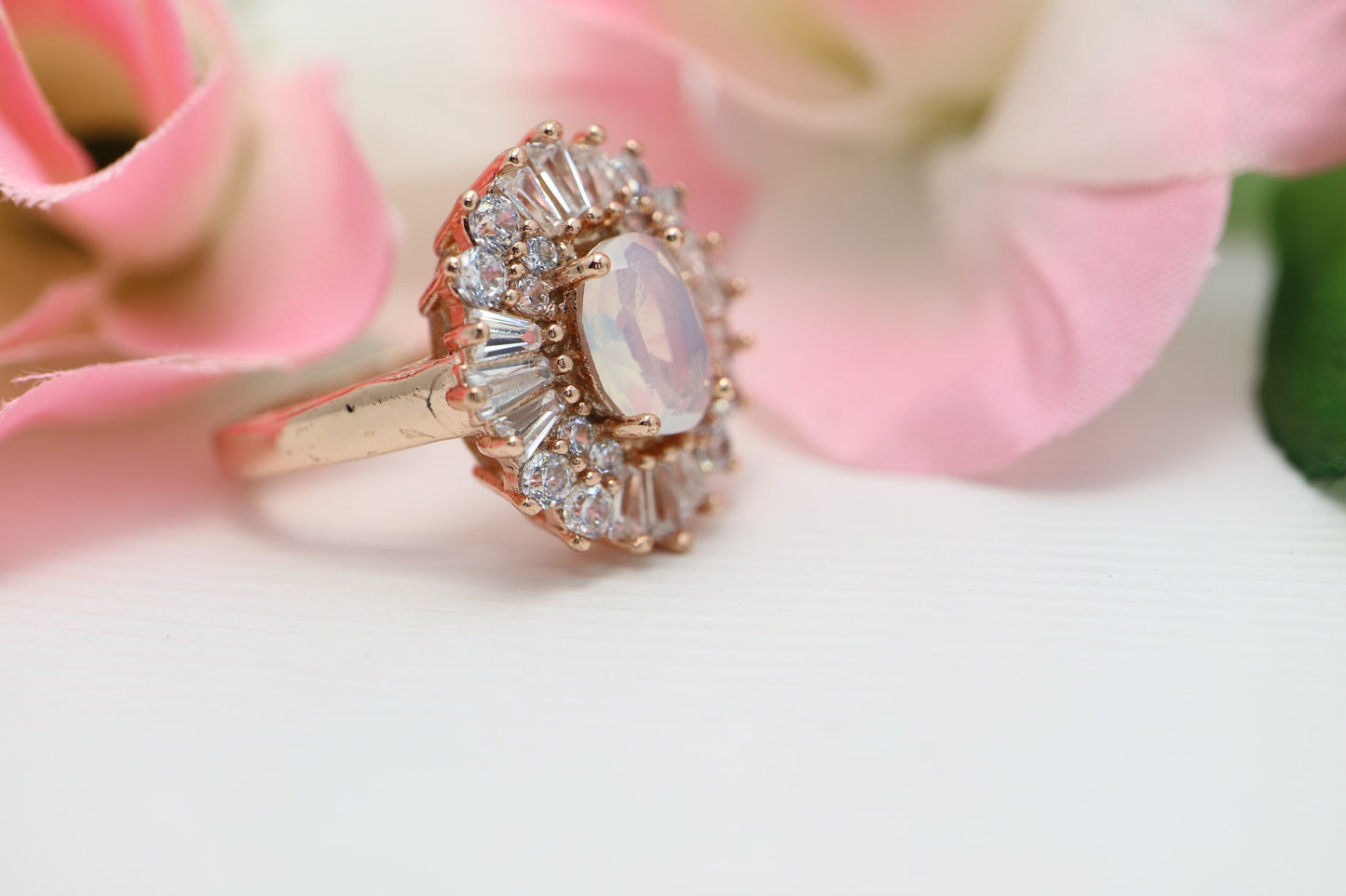 Oval Vintage Baguette Moonstone  Gold and Rose Gold Ring, Anniversary ring