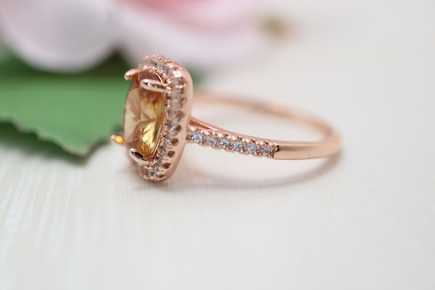 Morganite engagement ring, 7mmX9mm cushion cut moganite ring, 14krose gold ring, Halo diamond morganite engagement ring, ring for gift