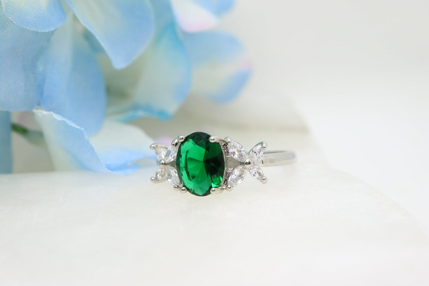 Oval emerald engagement ring, 14k White gold lab emerald ring, Vintage wedding and engagement  ring