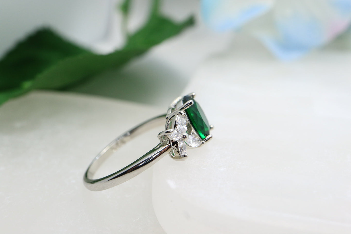 Oval emerald engagement ring, 14k White gold lab emerald ring, Vintage wedding and engagement  ring