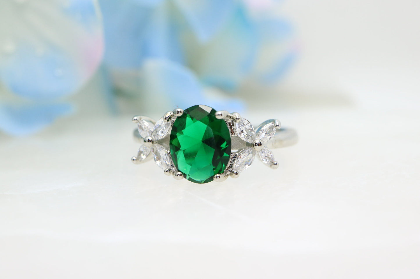 Oval emerald engagement ring, 14k White gold lab emerald ring, Vintage wedding and engagement  ring