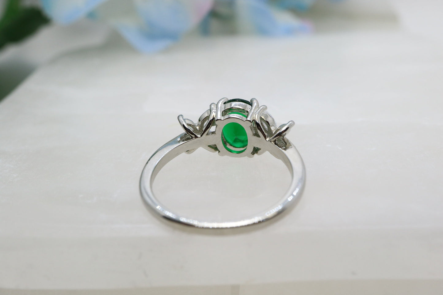 Oval emerald engagement ring, 14k White gold lab emerald ring, Vintage wedding and engagement  ring