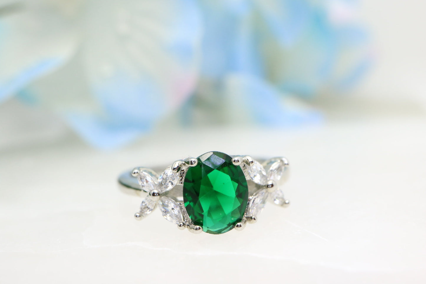 Oval emerald engagement ring, 14k White gold lab emerald ring, Vintage wedding and engagement  ring