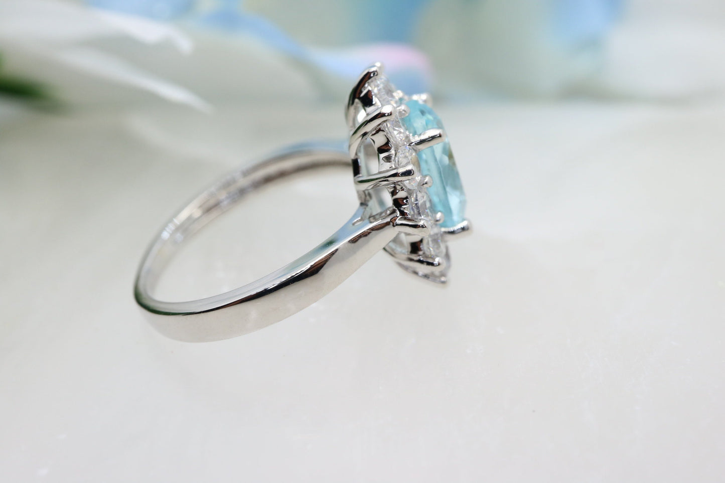 Aquamarine engagement ring, white gold aquamarine and diamond halo ring, Diamond half eternity band, bridal ring