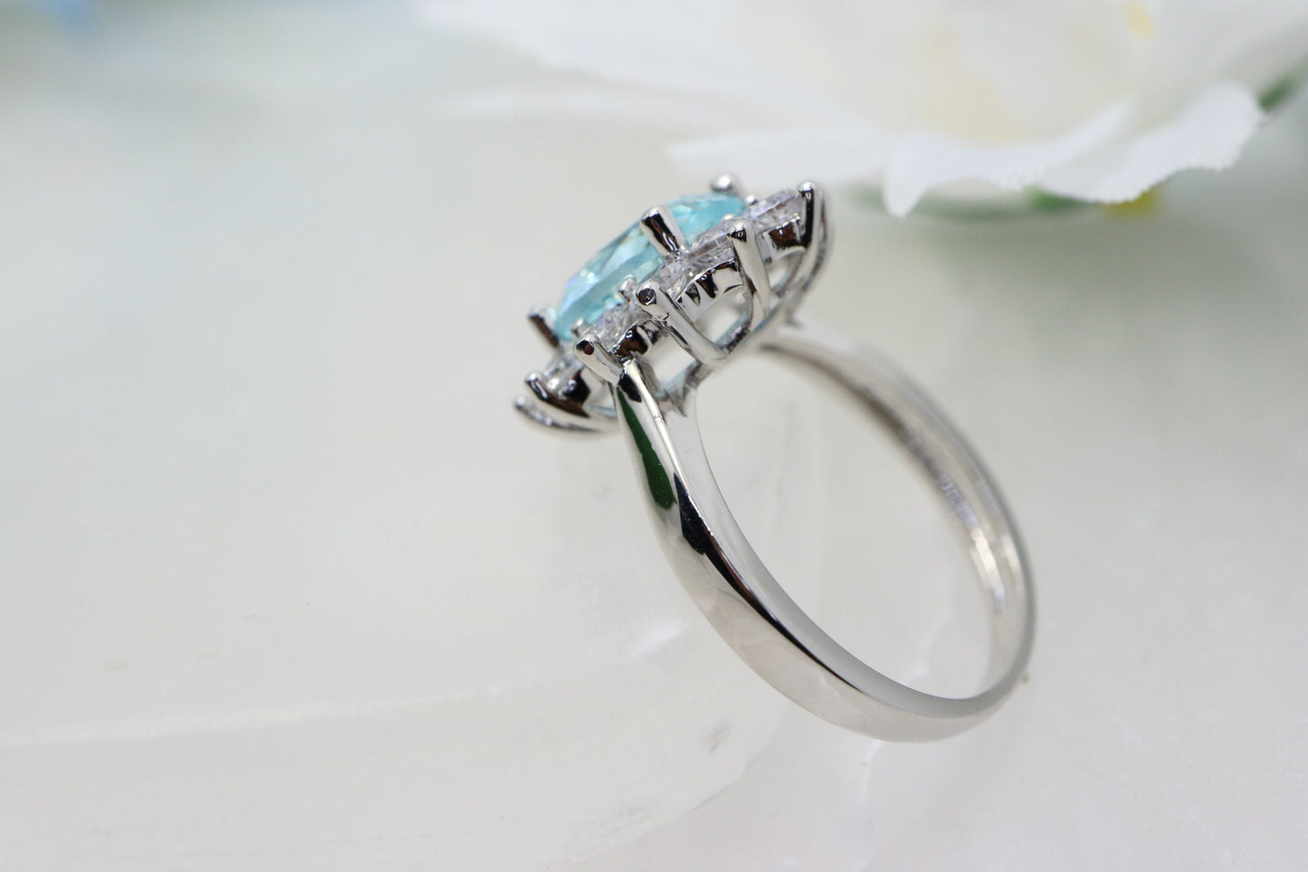 Aquamarine engagement ring, white gold aquamarine and diamond halo ring, Diamond half eternity band, bridal ring