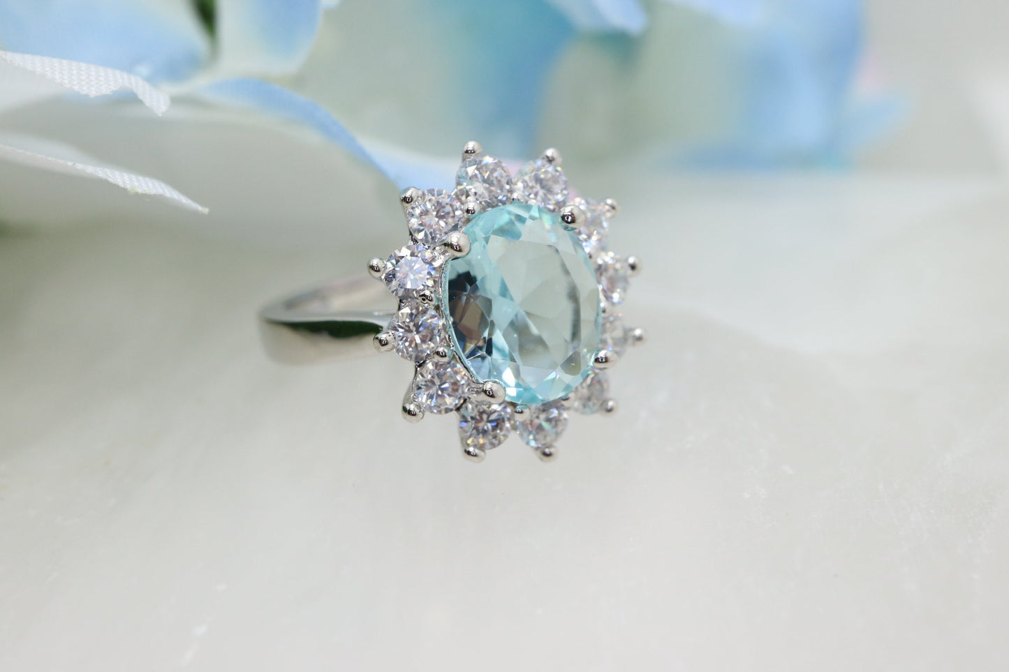 Aquamarine engagement ring, white gold aquamarine and diamond halo ring, Diamond half eternity band, bridal ring