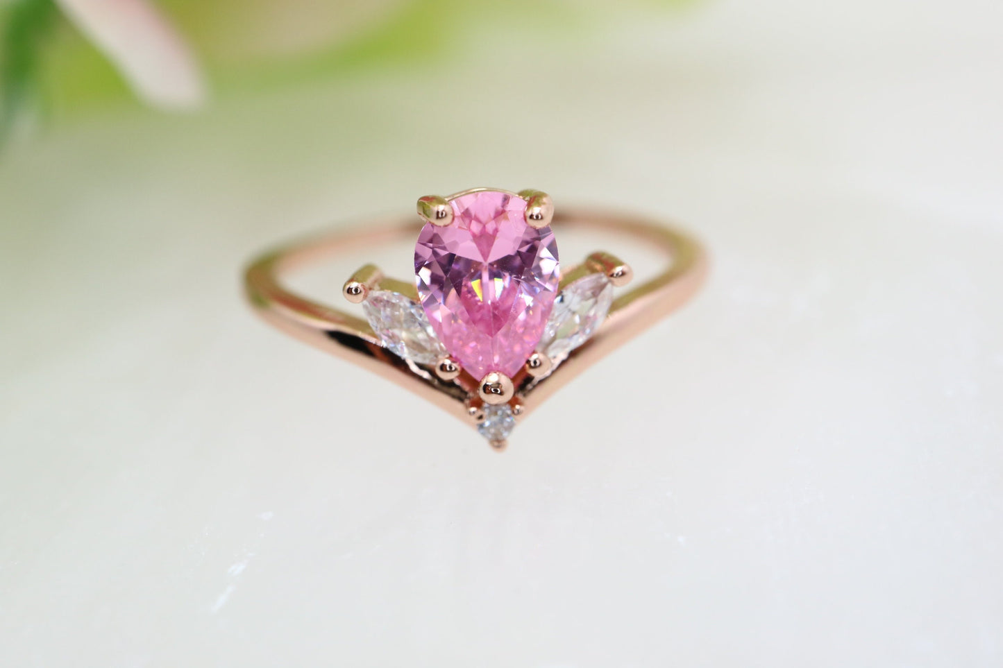 Rose gold pear shape pink sapphire Engagement Ring,  Marquise white sapphire Art deco chevron rose gold engagement wedding ring