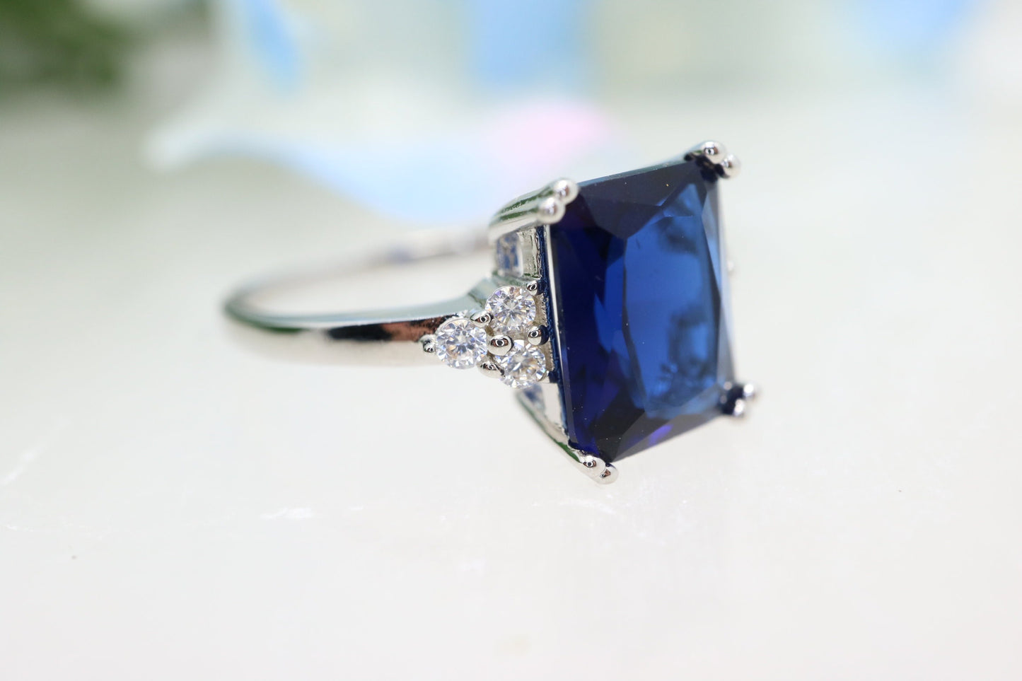 Tanzanite Engagement ring, Tanzanite ring with diamonds, emerald cut three stone cluster ring, purple blue stone, december birthsone