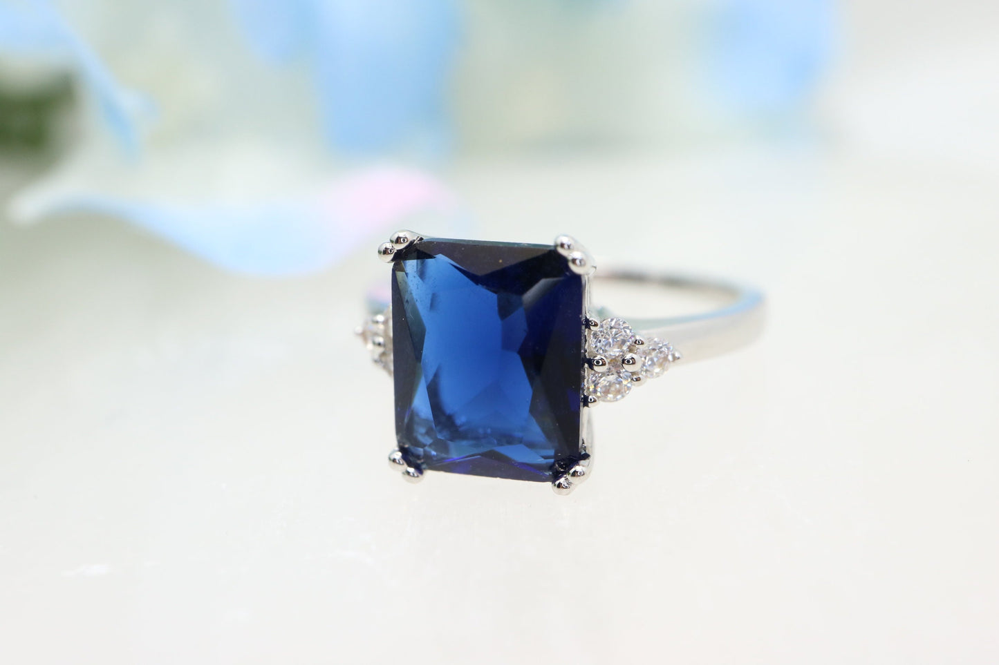 Tanzanite Engagement ring, Tanzanite ring with diamonds, emerald cut three stone cluster ring, purple blue stone, december birthsone