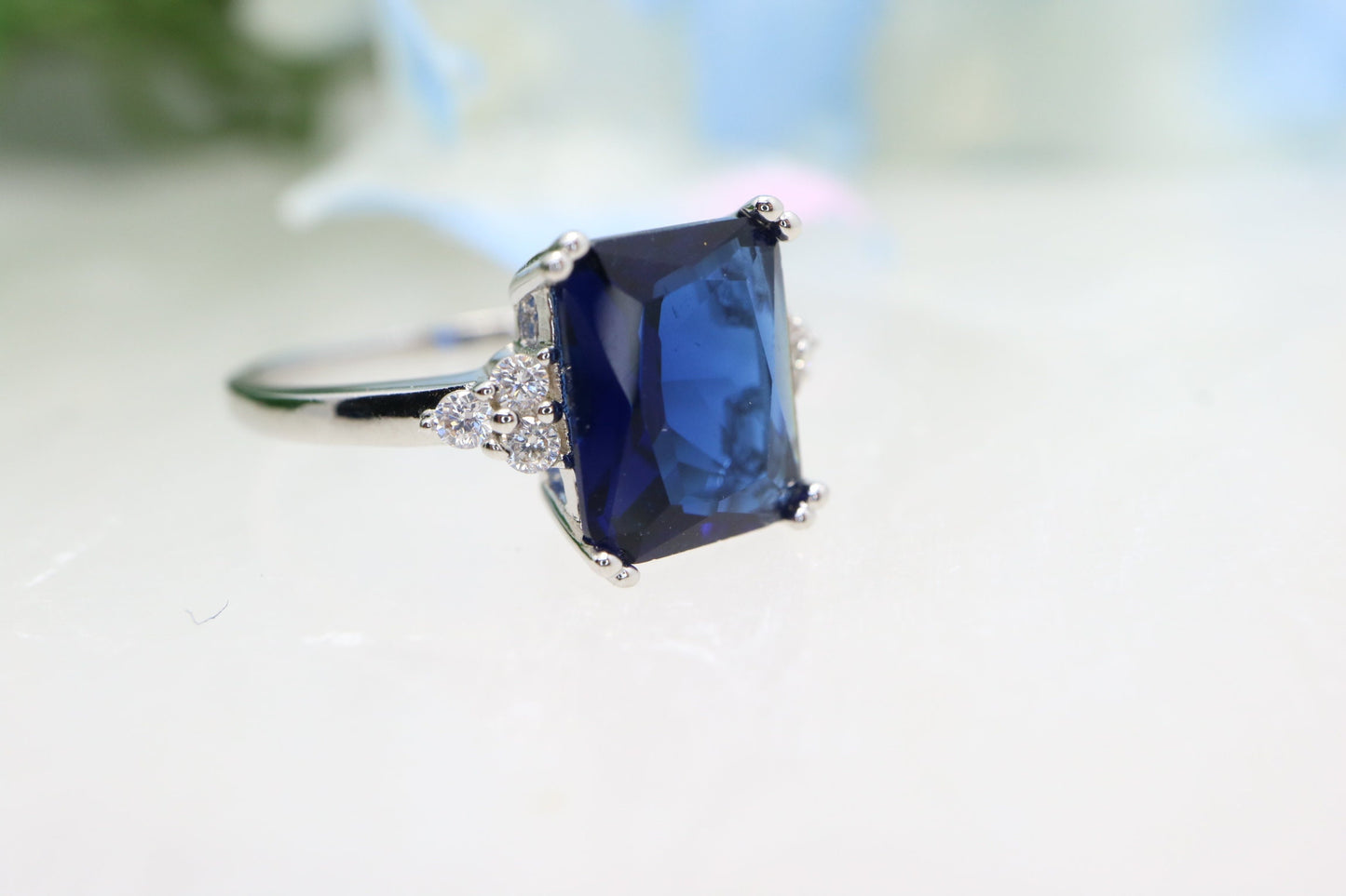 Tanzanite Engagement ring, Tanzanite ring with diamonds, emerald cut three stone cluster ring, purple blue stone, december birthsone