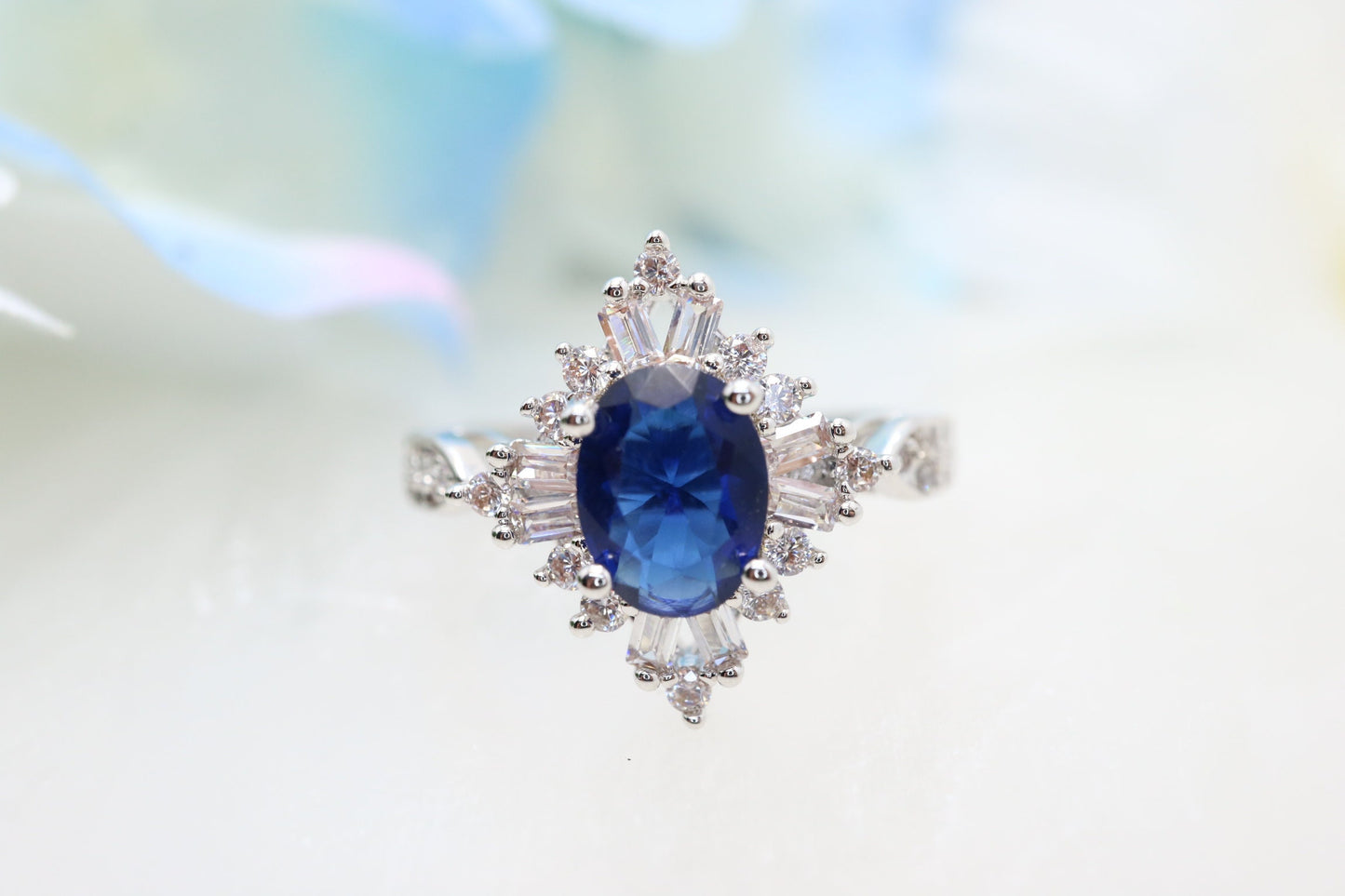 Oval sapphire engagement ring, Oval engagement ring halo, Sapphire vintage ring, Moissanite sapphire ring, Engagement ring for women