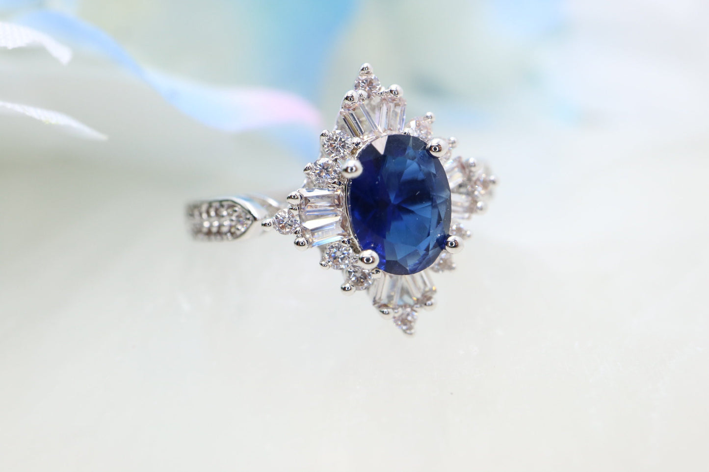 Oval sapphire engagement ring, Oval engagement ring halo, Sapphire vintage ring, Moissanite sapphire ring, Engagement ring for women