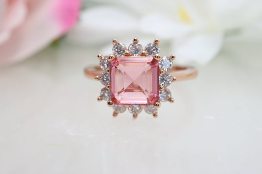 Princess cut  Tourmaline natural diamond  ring, pink tourmaline ring, princess cut engagement ring for women, 14k rose gold tourmaline ring