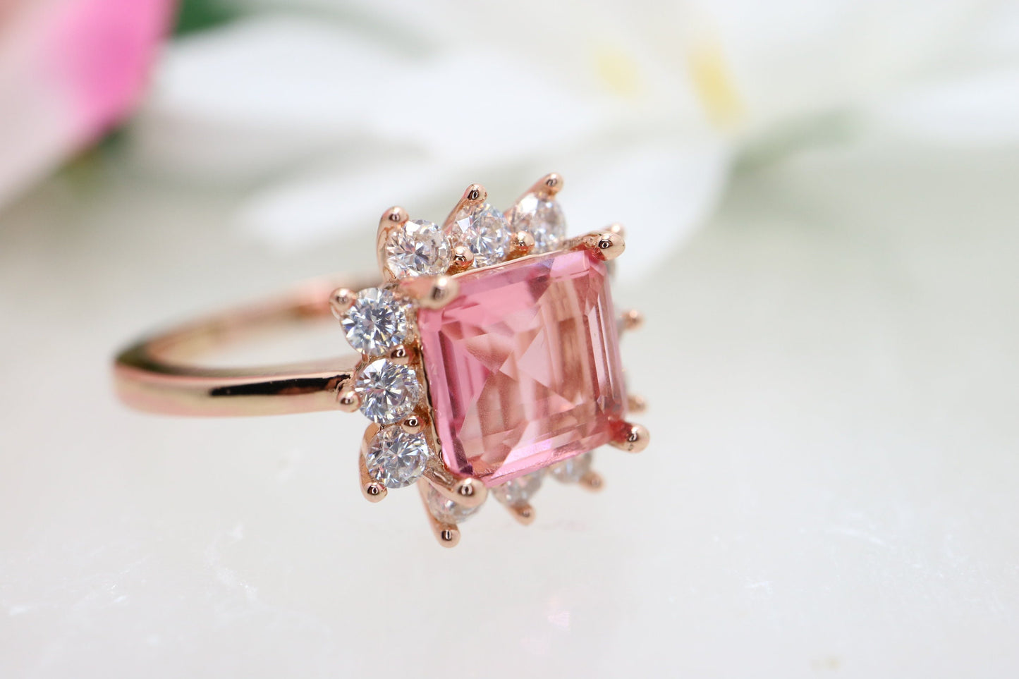 Princess cut  Tourmaline natural diamond  ring, pink tourmaline ring, princess cut engagement ring for women, 14k rose gold tourmaline ring