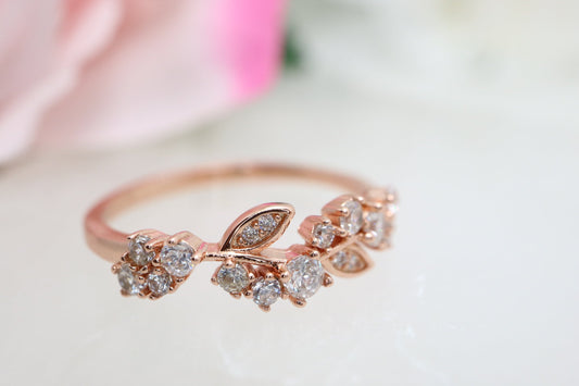 Vintage Leaf diamond engagement ring, 18k Rose gold round shaped diamond wedding ring, Art deco floral ring, Diany gold vine ring