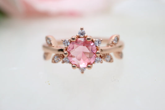 Pink Tourmaline and leaf diamond ring, rose gold engagement ring, Handmade jewelry september birthstone, gifts for her