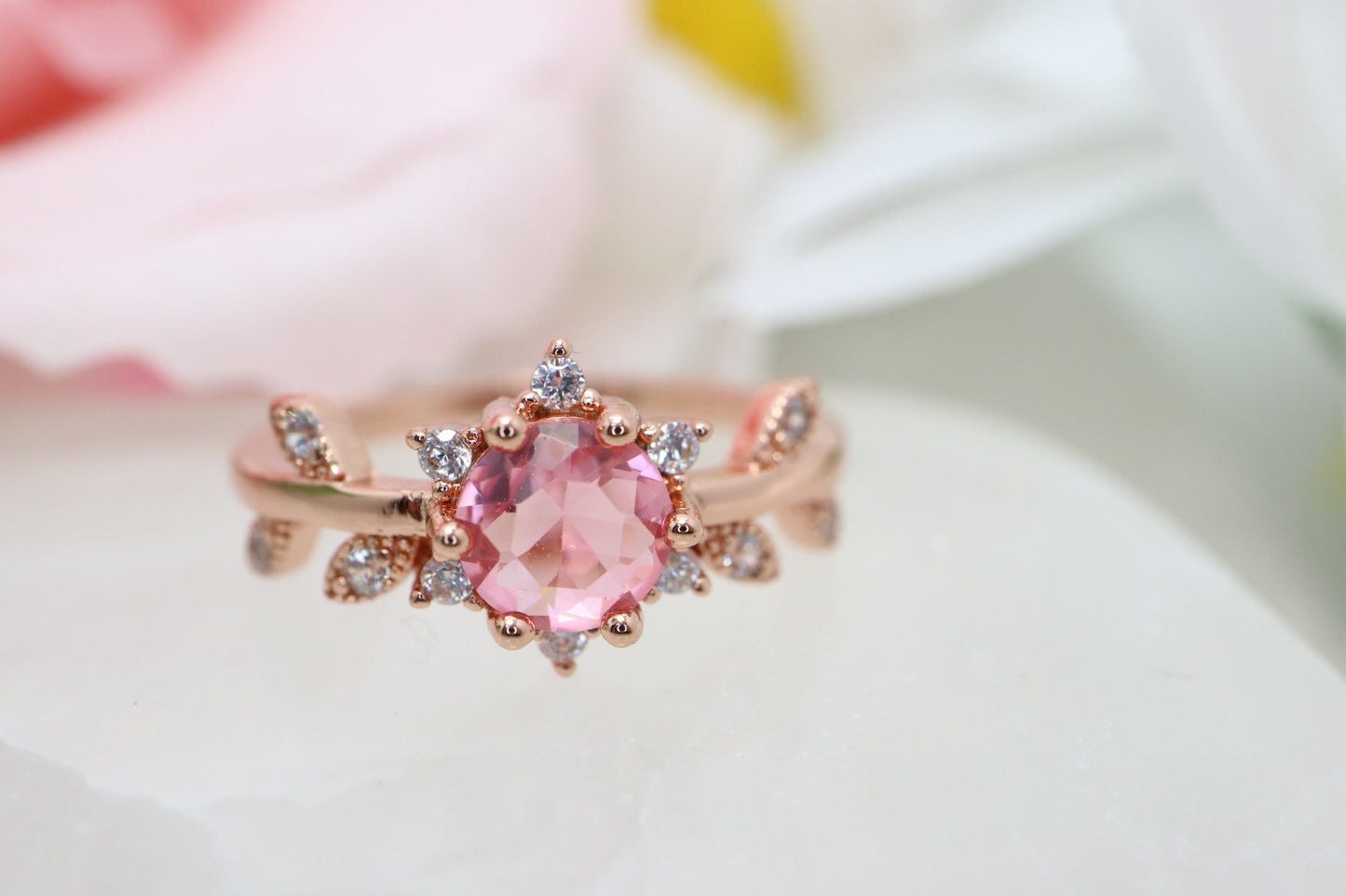 Pink Tourmaline and leaf diamond ring, rose gold engagement ring, Handmade jewelry september birthstone, gifts for her