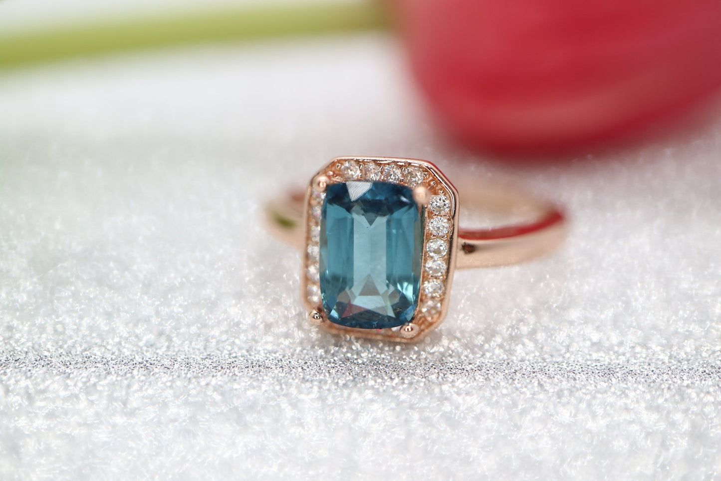 Blue tourmaline ring, Emerald cut ring, Classic diamond halo ring, Rose gold classic engagement ring, Emerald blue gemstone