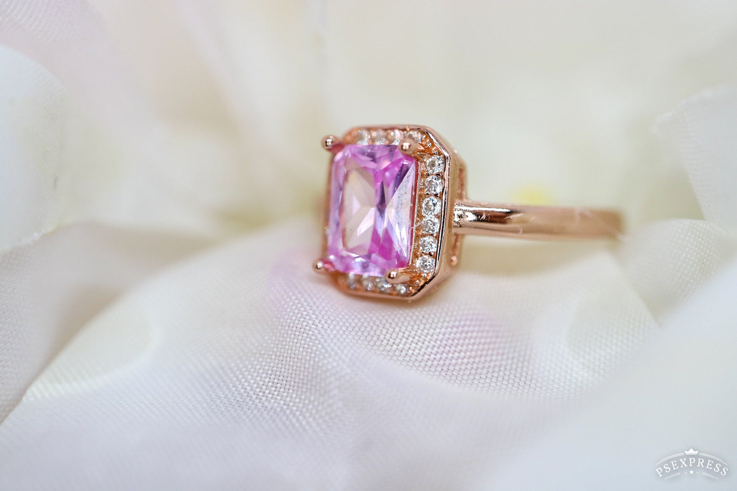 Pink tourmaline  and diamond ring, emerald cut ring, Rose gold diamond ring, engagement ring for her