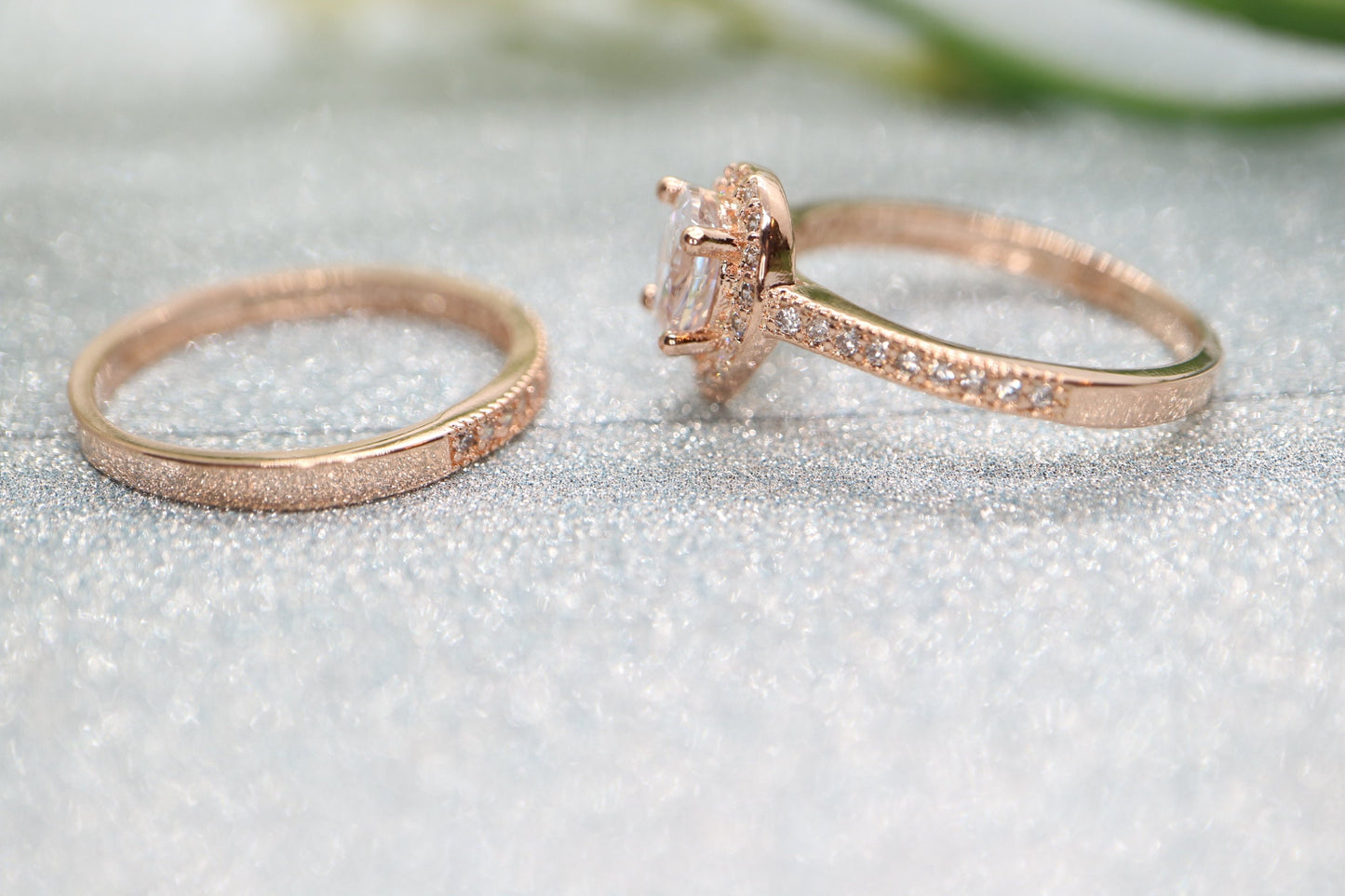 9x6mm Pear shaped moissanite engagement ring set, Rose gold Bridal set, Halo Diamond ring, art deco, tear half eternity anniversary gifts