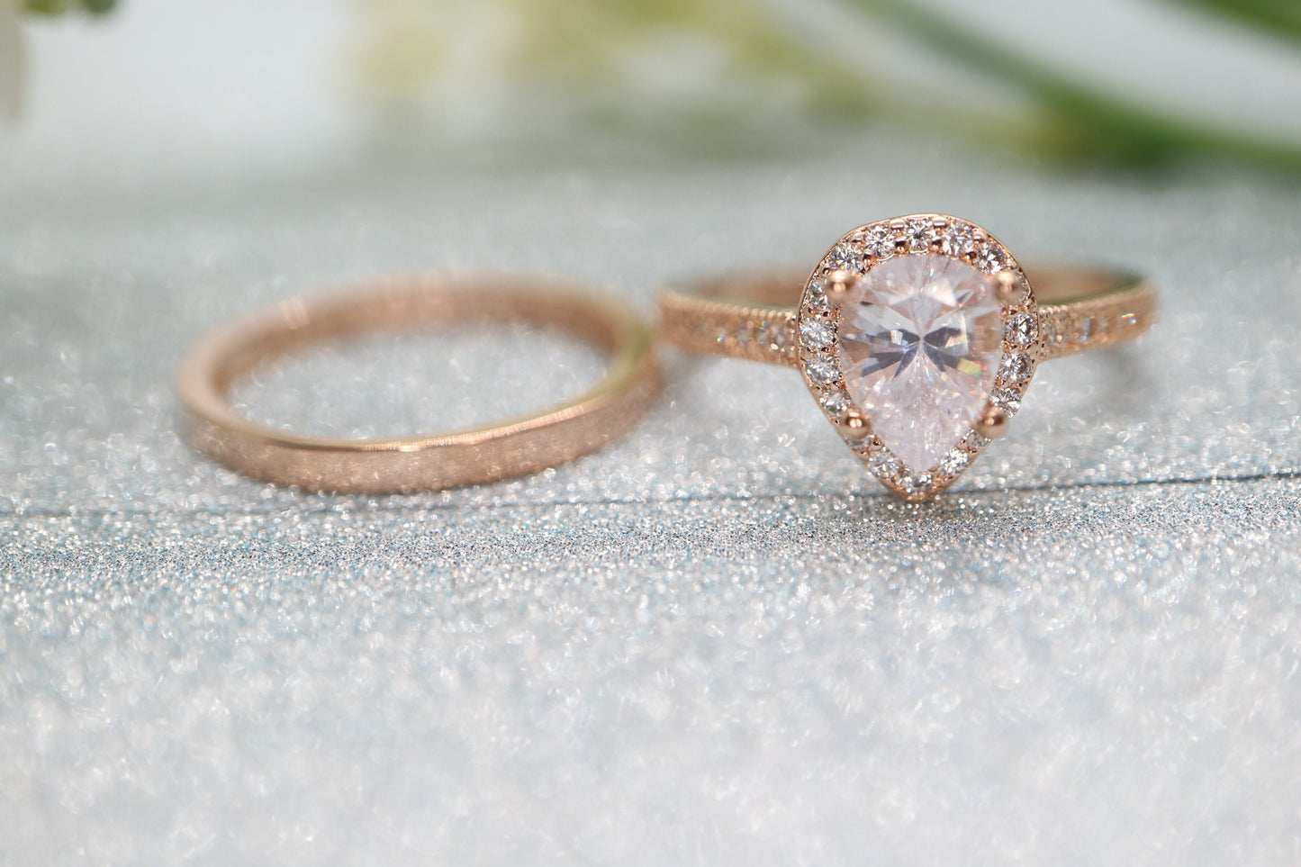 9x6mm Pear shaped moissanite engagement ring set, Rose gold Bridal set, Halo Diamond ring, art deco, tear half eternity anniversary gifts