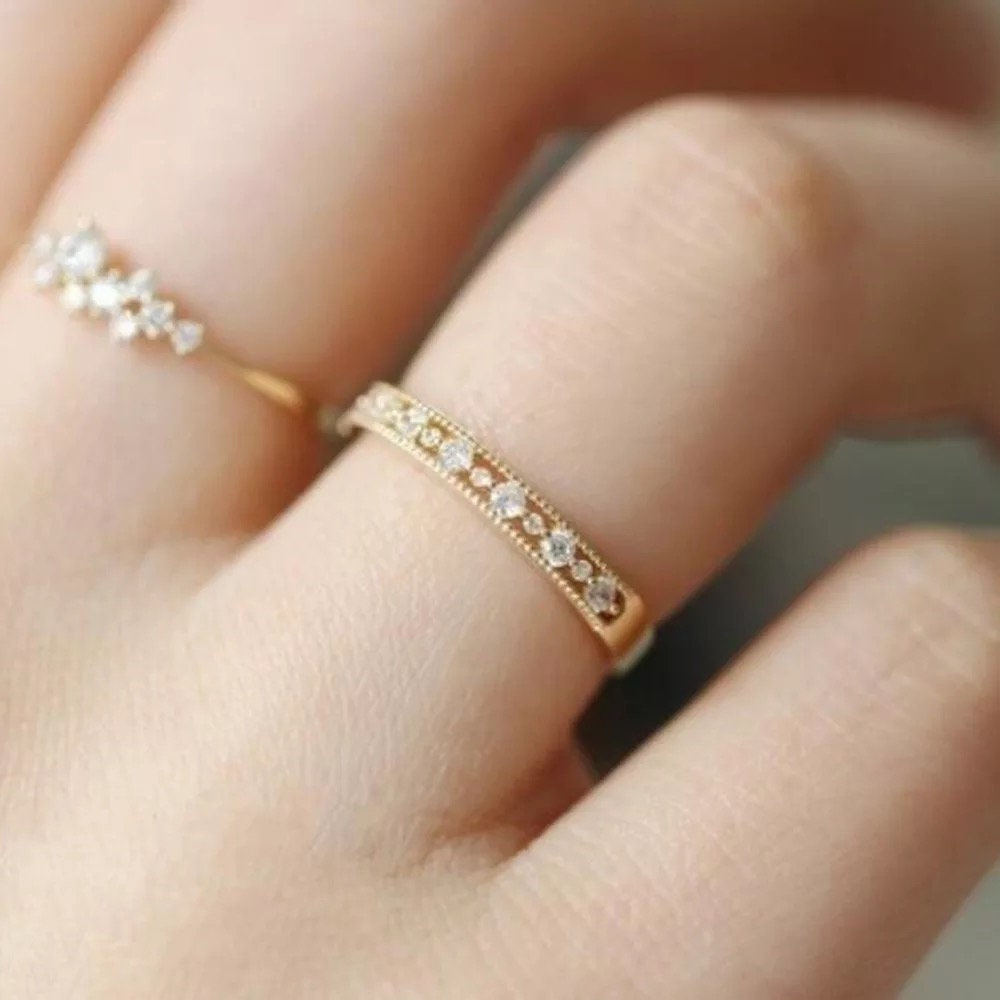 Lovely cocktail ring, Diamond wedding band, 14k gold dainty delicate minimal diamond Ring