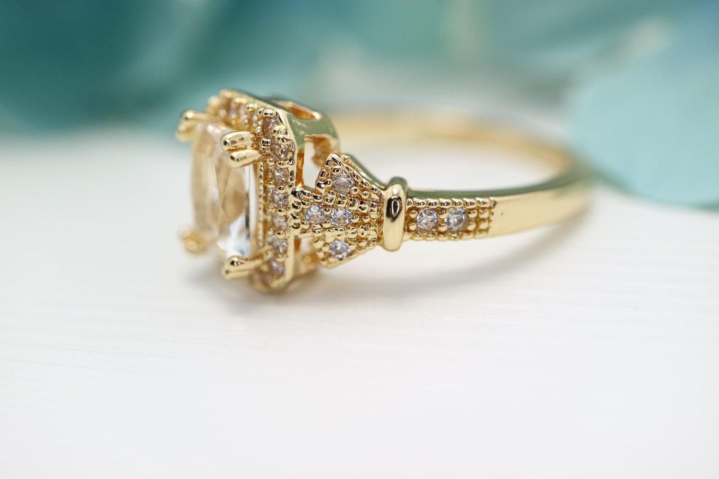 Art deco inspired emerald cut White sapphire ring, diamond engagement ring, yellow gold wedding ring vintage, anniversary ring