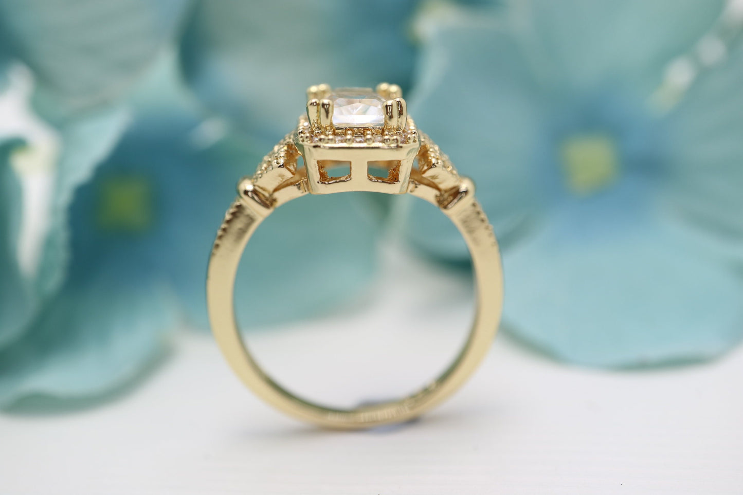 Art deco inspired emerald cut White sapphire ring, diamond engagement ring, yellow gold wedding ring vintage, anniversary ring