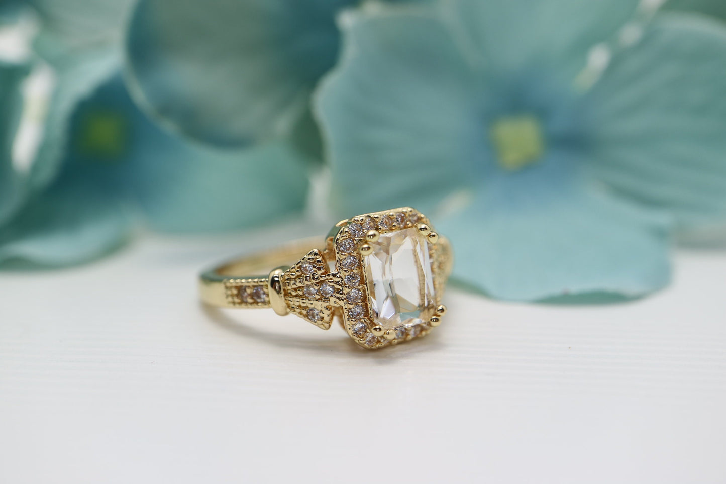 Art deco inspired emerald cut White sapphire ring, diamond engagement ring, yellow gold wedding ring vintage, anniversary ring