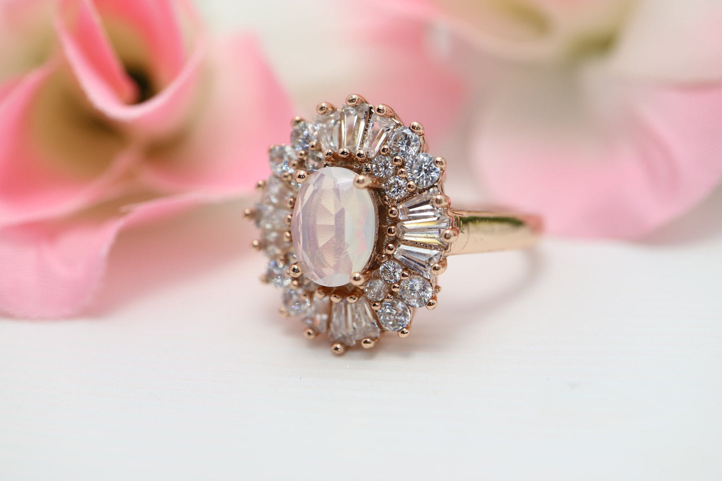 Oval Vintage Baguette Moonstone  Gold and Rose Gold Ring, Anniversary ring