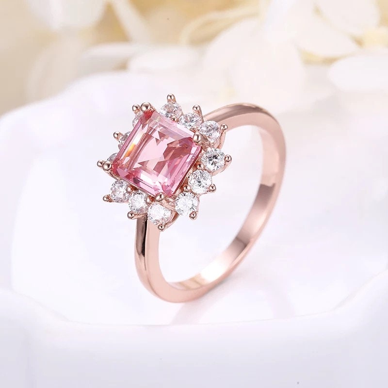 Princess cut  Tourmaline natural diamond  ring, pink tourmaline ring, princess cut engagement ring for women, 14k rose gold tourmaline ring