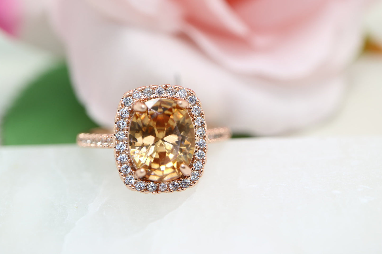 Morganite engagement ring, 7mmX9mm cushion cut moganite ring, 14krose gold ring, Halo diamond morganite engagement ring, ring for gift