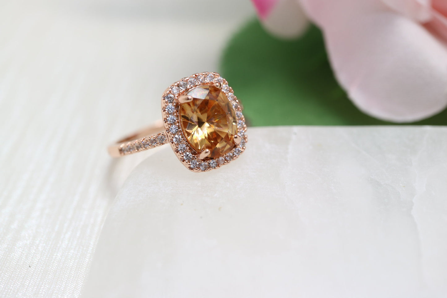 Morganite engagement ring, 7mmX9mm cushion cut moganite ring, 14krose gold ring, Halo diamond morganite engagement ring, ring for gift