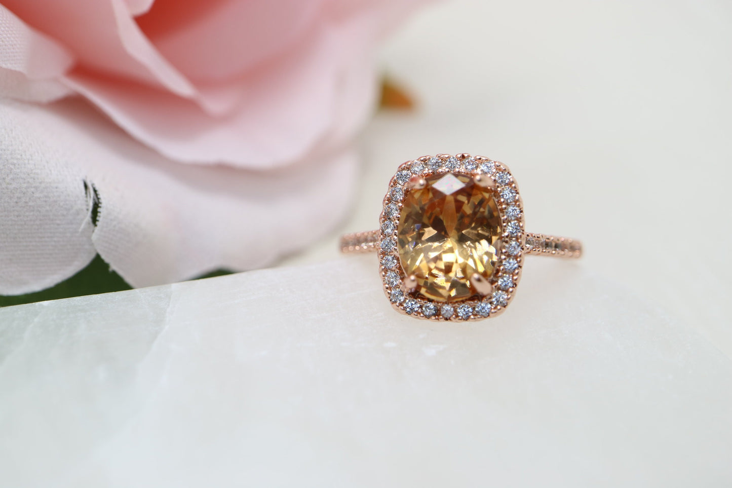 Morganite engagement ring, 7mmX9mm cushion cut moganite ring, 14krose gold ring, Halo diamond morganite engagement ring, ring for gift