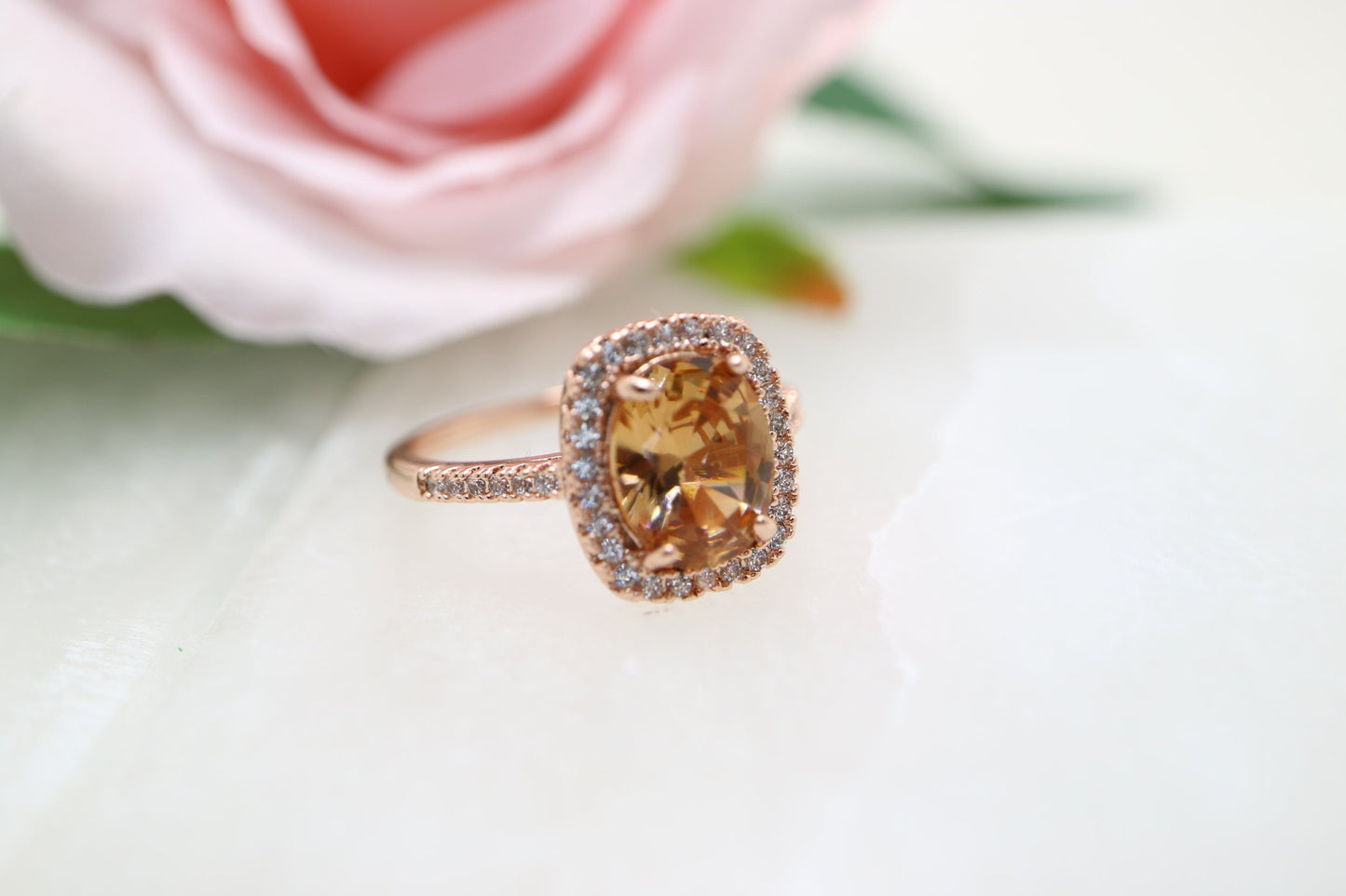 Morganite engagement ring, 7mmX9mm cushion cut moganite ring, 14krose gold ring, Halo diamond morganite engagement ring, ring for gift