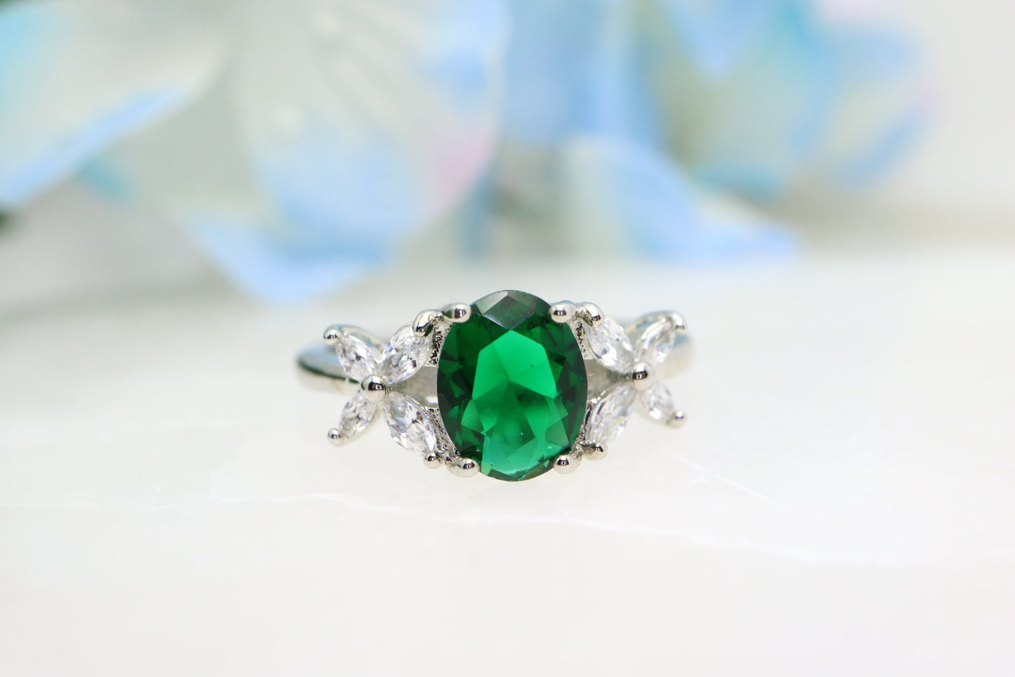 Oval emerald engagement ring, 14k White gold lab emerald ring, Vintage wedding and engagement  ring