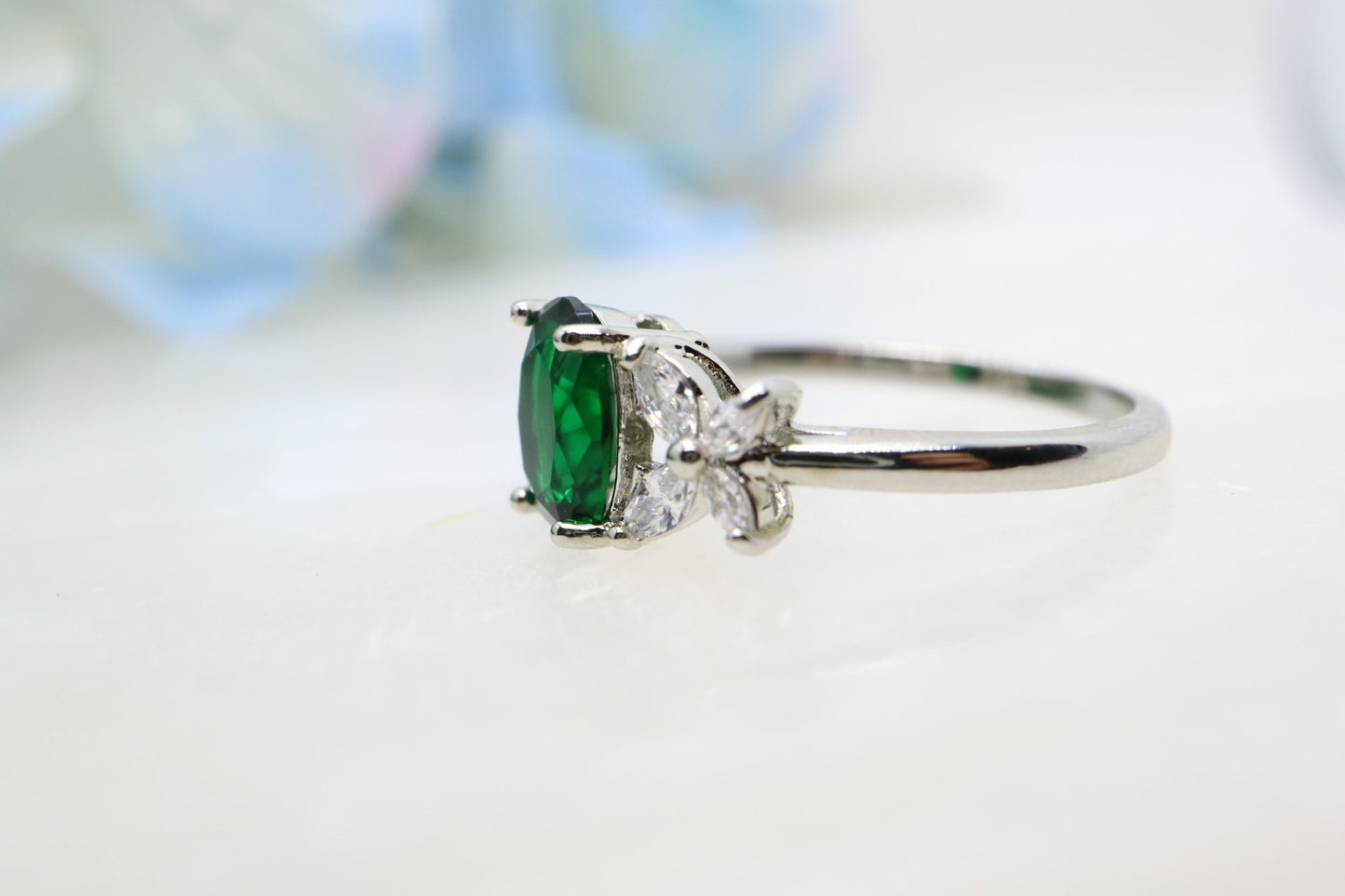 Oval emerald engagement ring, 14k White gold lab emerald ring, Vintage wedding and engagement  ring