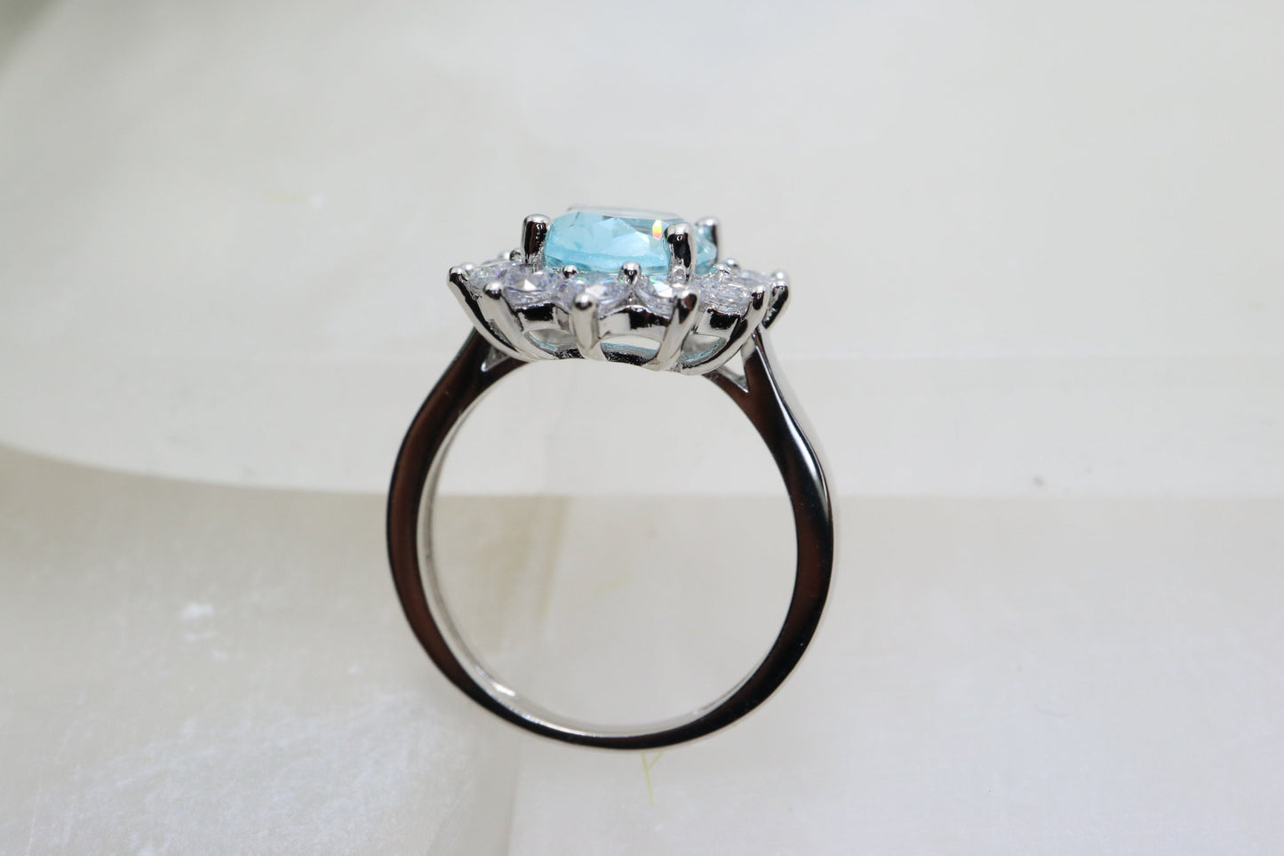 Aquamarine engagement ring, white gold aquamarine and diamond halo ring, Diamond half eternity band, bridal ring