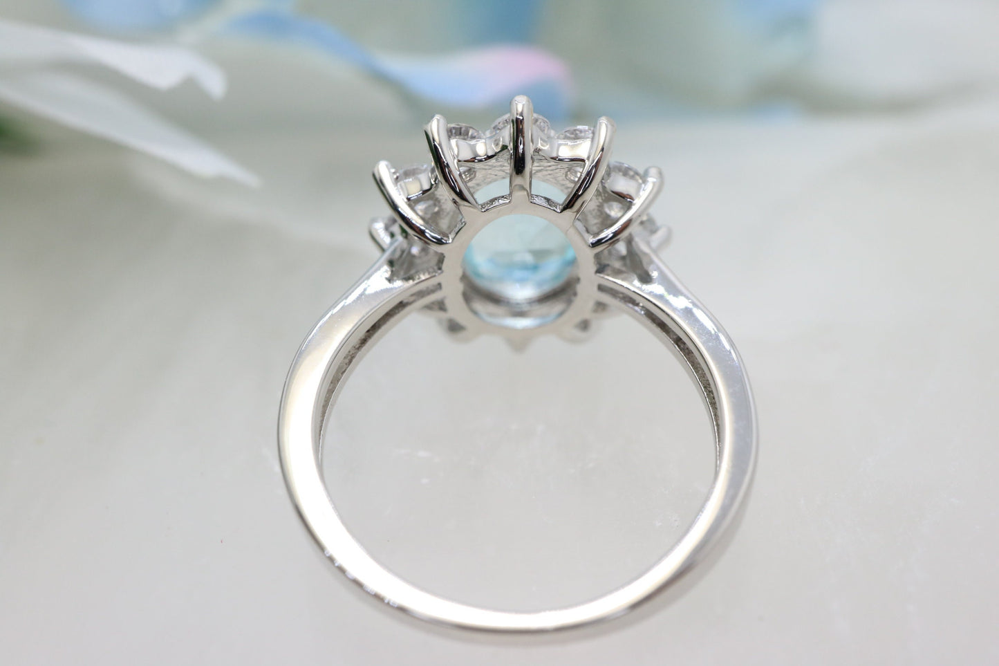 Aquamarine engagement ring, white gold aquamarine and diamond halo ring, Diamond half eternity band, bridal ring