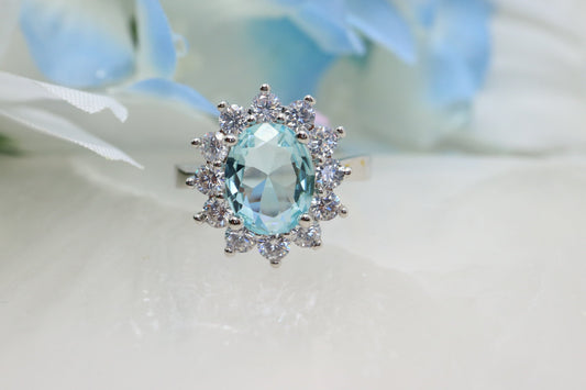 Aquamarine engagement ring, white gold aquamarine and diamond halo ring, Diamond half eternity band, bridal ring