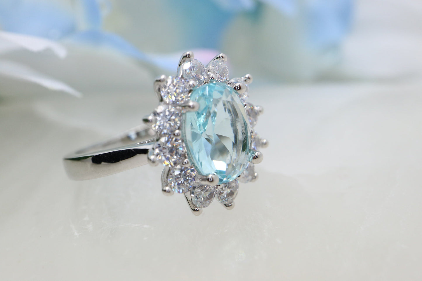 Aquamarine engagement ring, white gold aquamarine and diamond halo ring, Diamond half eternity band, bridal ring